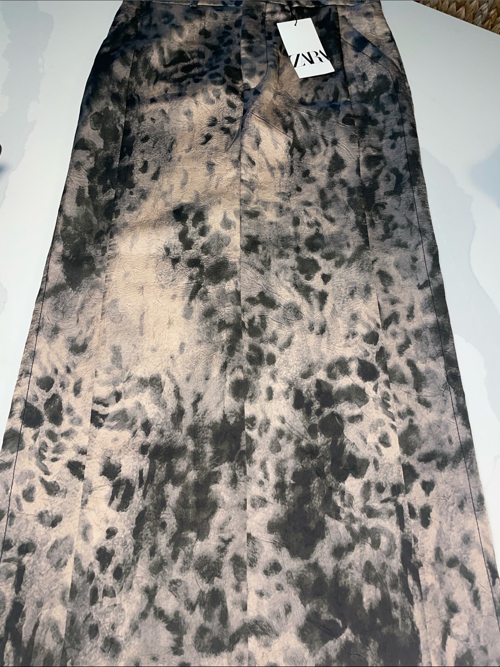 Zara Black and Taupe Patterned Satin Midi Skirt S NWT